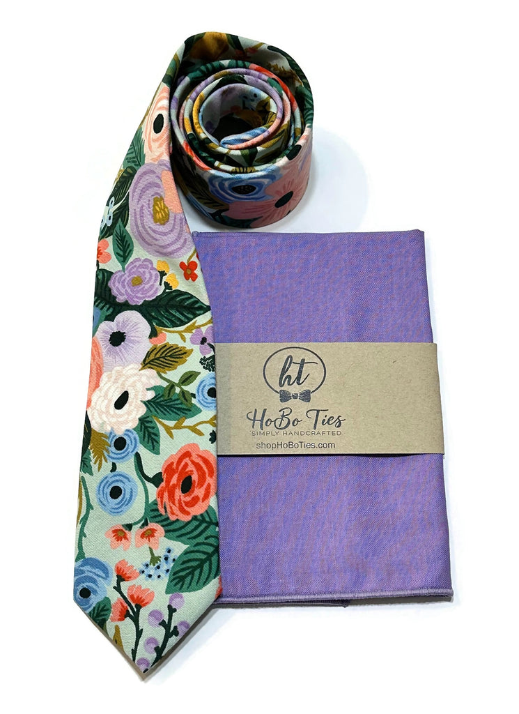 Mint Garden Party Floral Necktie with matching pocket square, perfect for formal wear and weddings, handcrafted neckties.