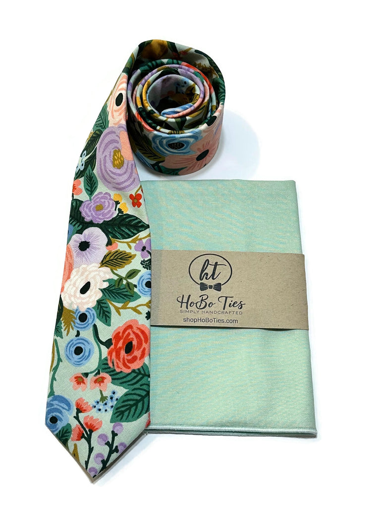 Mint Garden Party Floral Necktie with matching pocket square from HoBo Ties, handcrafted neckwear for men and boys.
