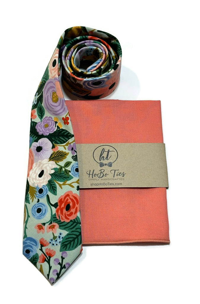 Mint Garden Party Floral Necktie with matching pocket square in vibrant floral pattern from handmade necktie collection.