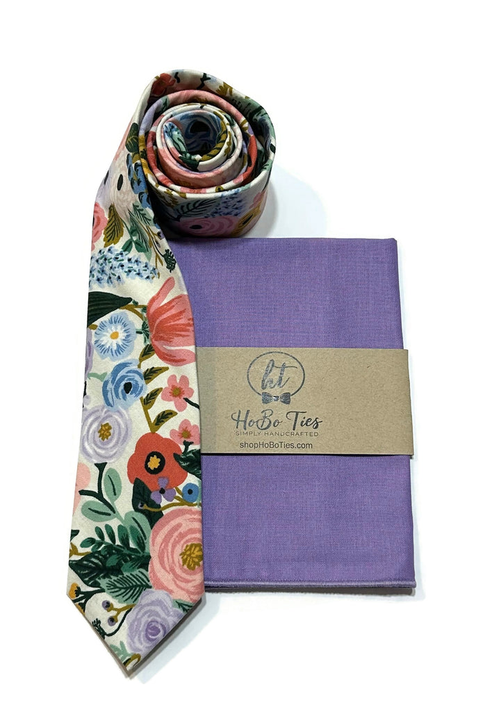 Ivory Garden Party Floral Necktie with matching pocket square, handcrafted neckties for men and boys.