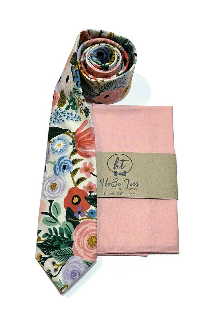Ivory Garden Party Floral Necktie with matching pocket square, handcrafted neckties for formal wear accessories men.