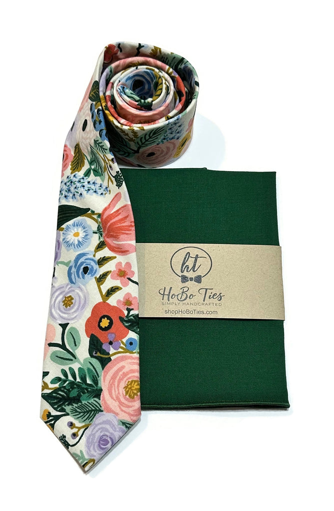 Ivory Garden Party Floral Necktie with matching pocket square, handcrafted neckties and unique design for men and boys.