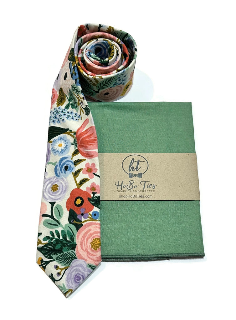 Ivory Garden Party Floral Necktie with green pocket square, handcrafted neckties, floral neckties, handmade men’s accessories USA