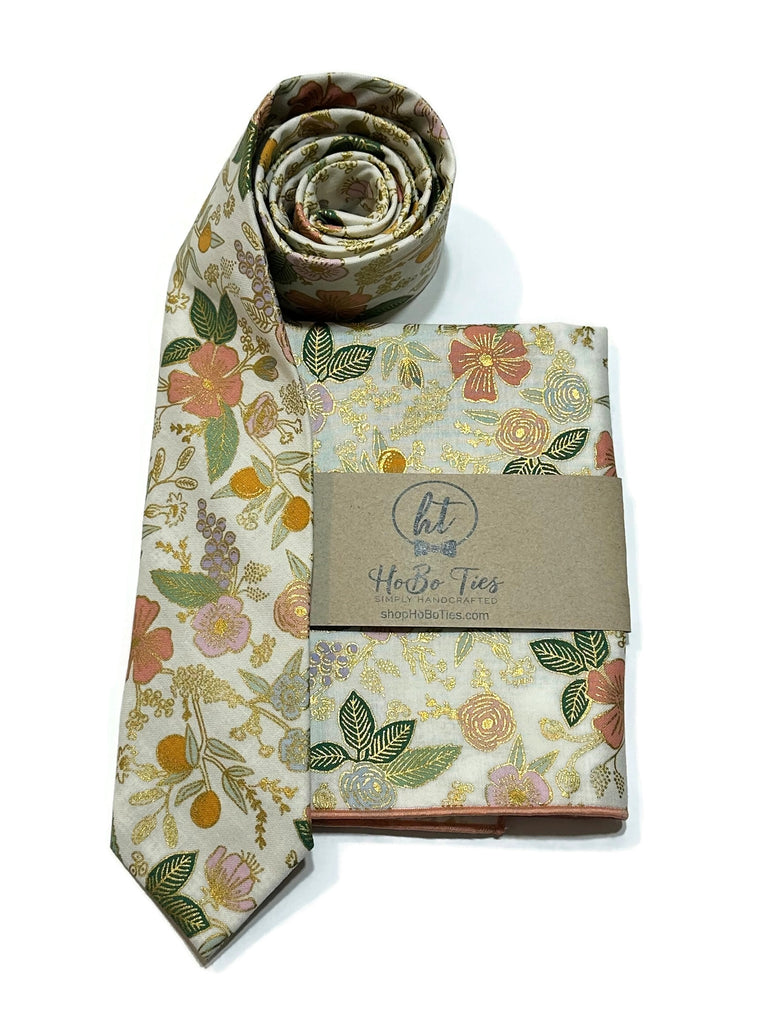 Cream Metallic Colette Floral Necktie with matching pocket square, handcrafted neckties for men and boys from USA.