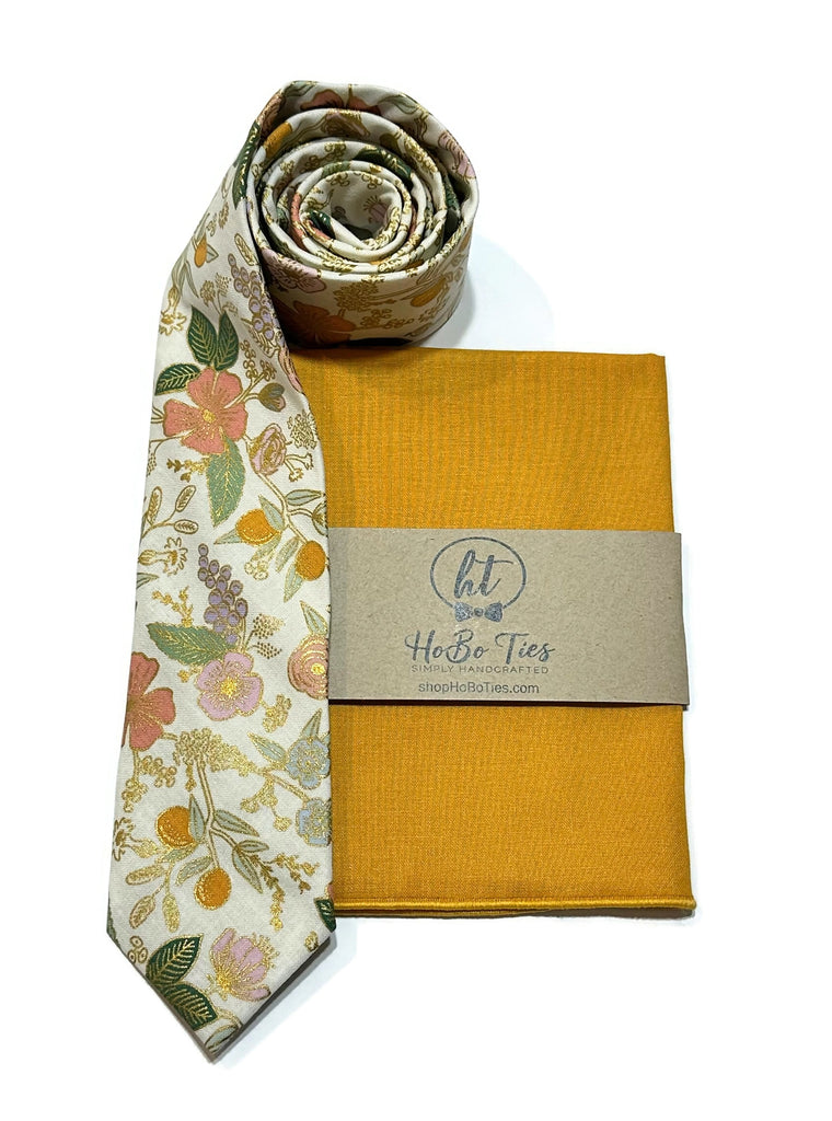 Cream Metallic Colette Floral Necktie with matching pocket square, handcrafted neckties for men and boys accessories.