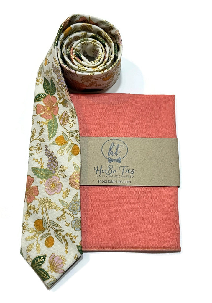 Cream Metallic Colette Floral Necktie with matching pocket square, perfect for weddings and formal events.