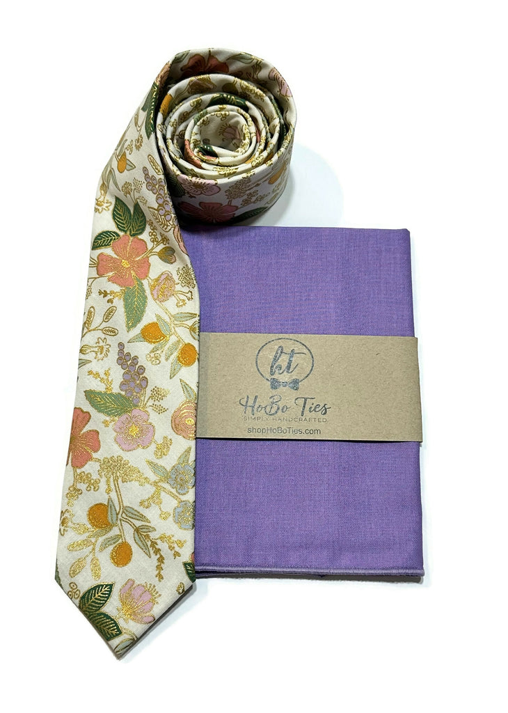 Cream Metallic Colette Floral Necktie with matching pocket square, perfect for wedding accessories for men.