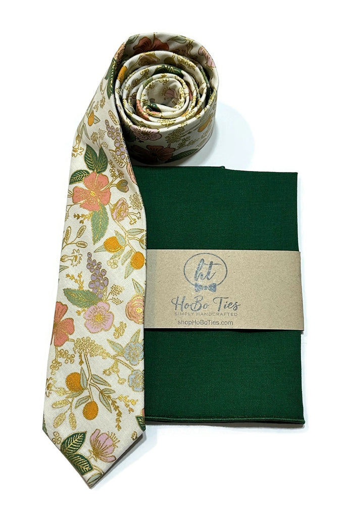 Cream Metallic Colette Floral Necktie with matching pocket square, handcrafted neckties and accessories for men.