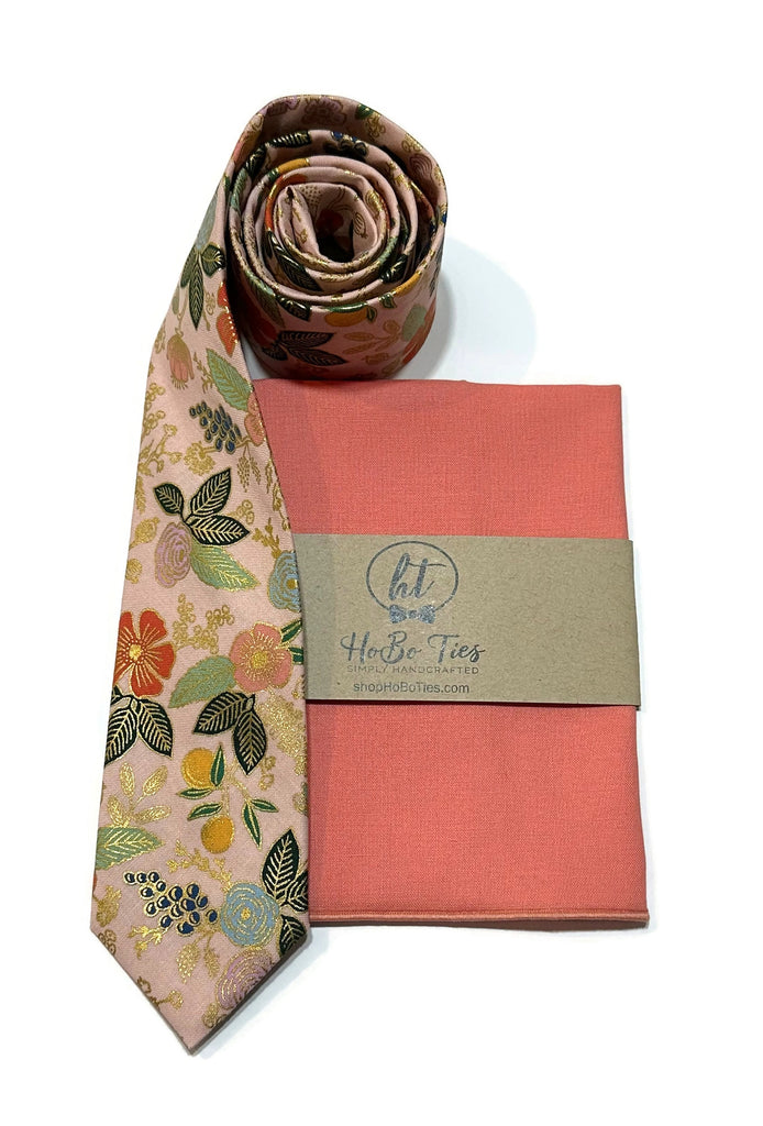 Blush Metallic Colette Floral Necktie paired with matching pocket square, showcasing handcrafted neckties for formal wear.