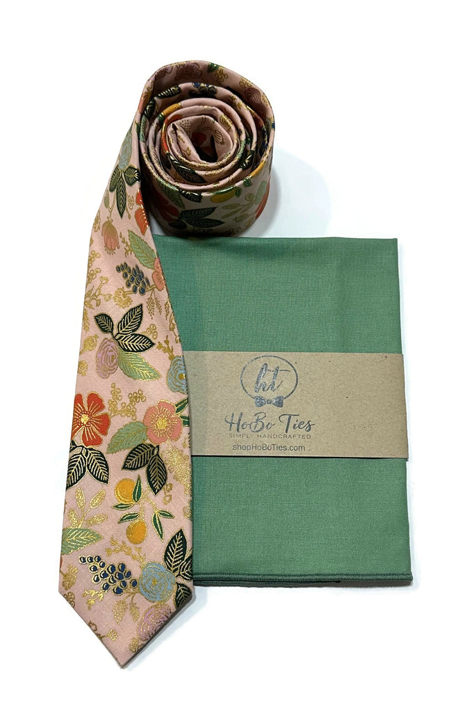 Blush Metallic Colette Floral Necktie with matching pocket square, handcrafted men's accessories.