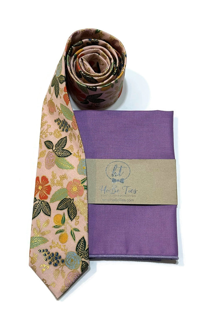 Blush Metallic Colette Floral Necktie paired with a matching pocket square, handcrafted neckties for men and boys.