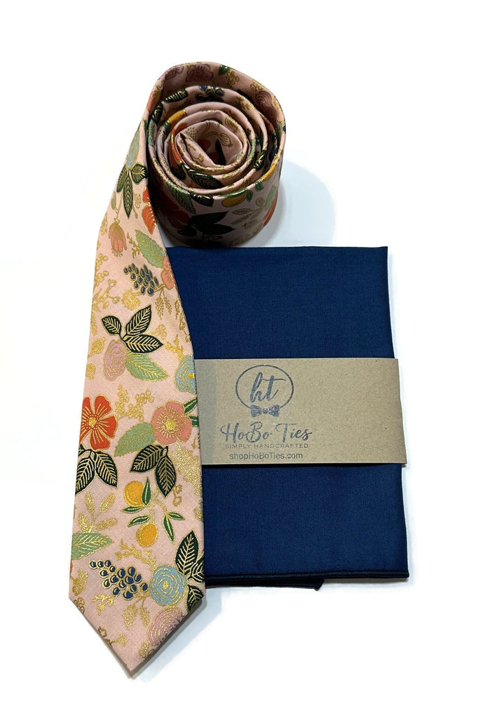 Blush Metallic Colette Floral Necktie with matching pocket square for men’s formal wear accessories.