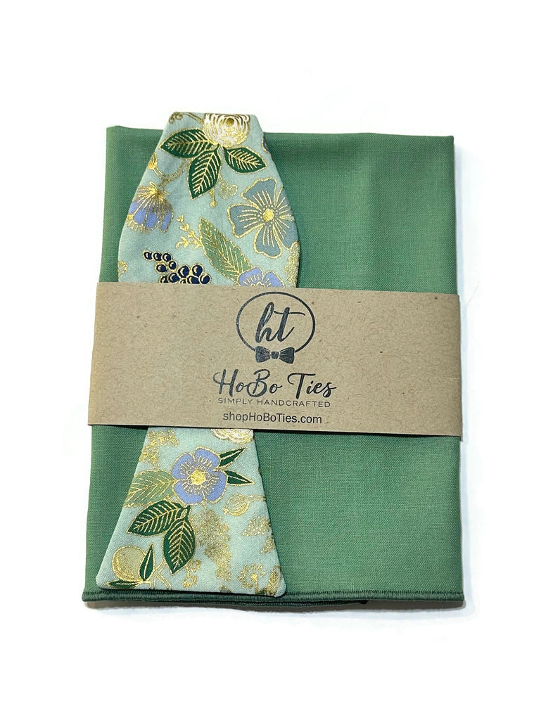 Mint Metallic Colette Floral Bow Tie with matching pocket square, handcrafted neckties and accessories from HoBo Ties.