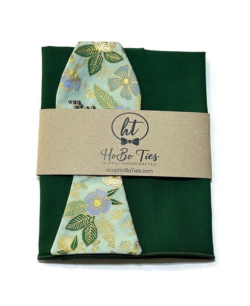Mint Metallic Colette Floral Bow Tie with matching pocket square, handcrafted neckties and men's bow ties for formal wear.