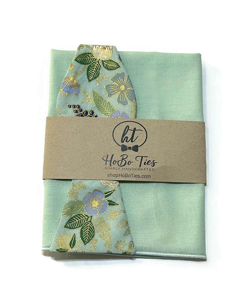 Mint Metallic Colette Floral Bow Tie with matching pocket square, handcrafted unique bow tie patterns for men.