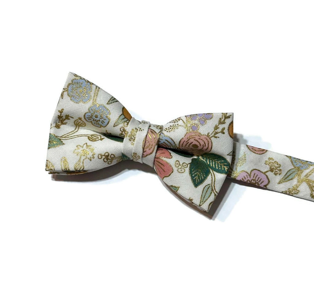 Metallic Colette Floral Bow Tie - Boys, handcrafted neckties, unique bow tie patterns, boys formal accessories.