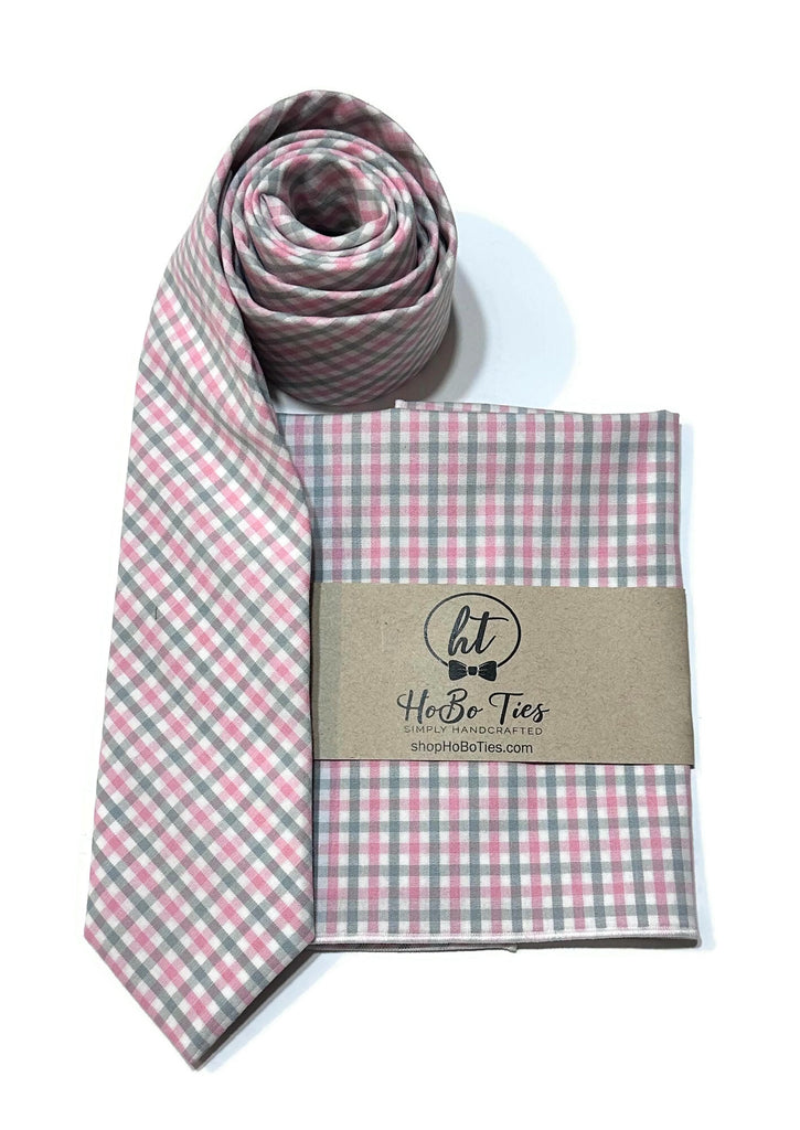 Pink & Gray Tattersall Necktie with matching pocket square, handcrafted neckties for men, quality handmade accessories.