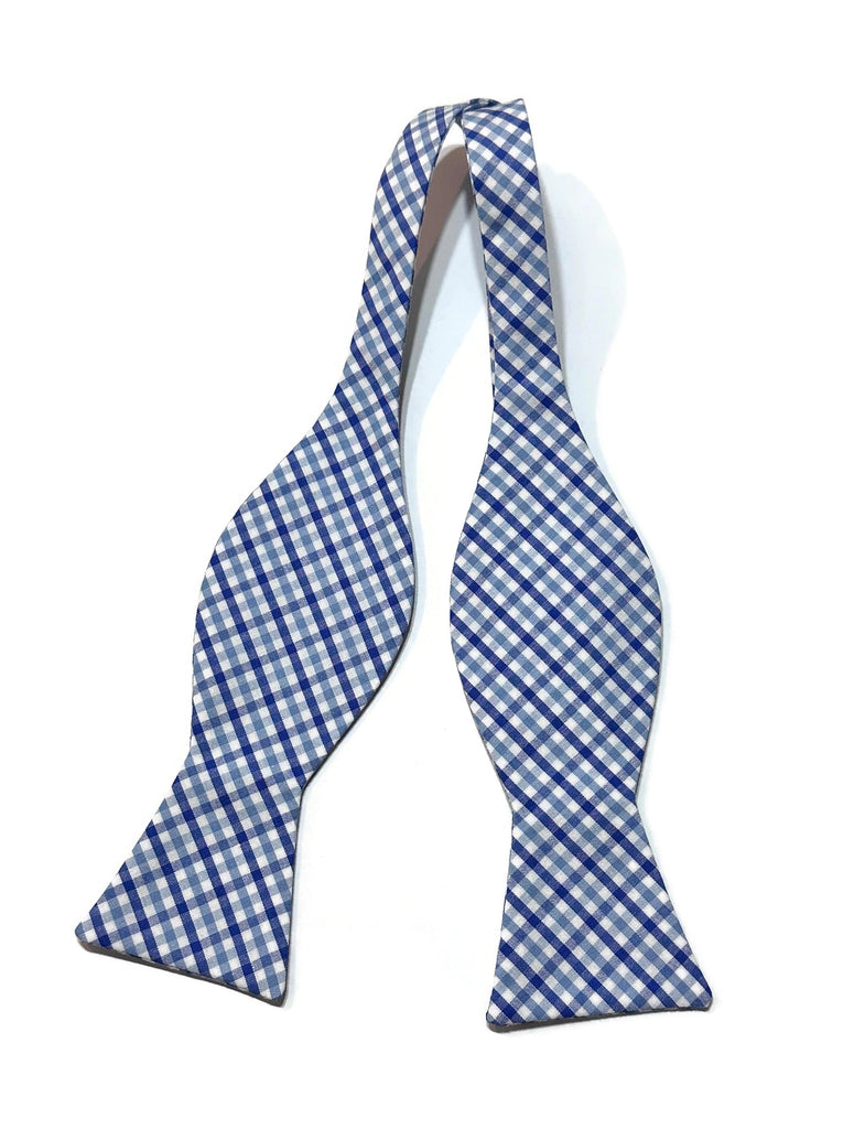 Blue & Light Blue Tattersall Check Bow Tie, handcrafted neckties, unique bow tie patterns for men.