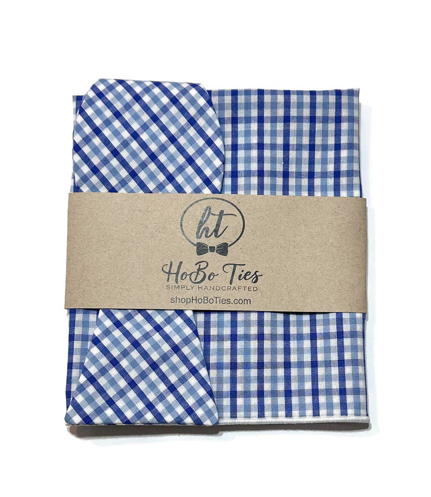 Blue & Light Blue Tattersall Check Bow Tie and pocket square, handcrafted neckties for men and boys.
