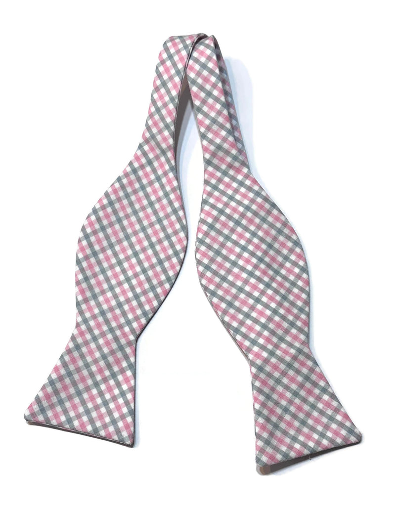 Pink & Gray Tattersall Check Bow Tie, handcrafted neckties, unique bow tie patterns, men's formal wear accessories.