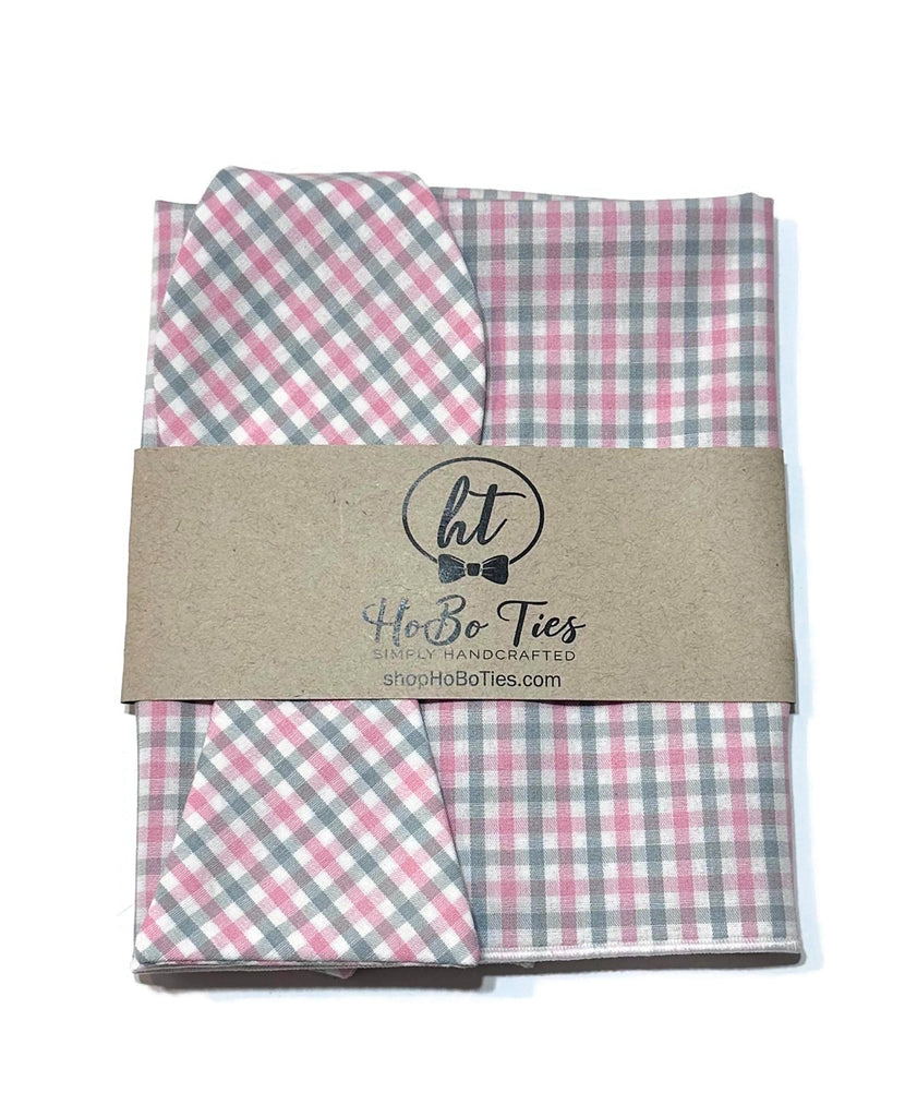 Pink & Gray Tattersall Check Bow Tie with matching pocket square, handcrafted neckties, unique bow tie patterns.