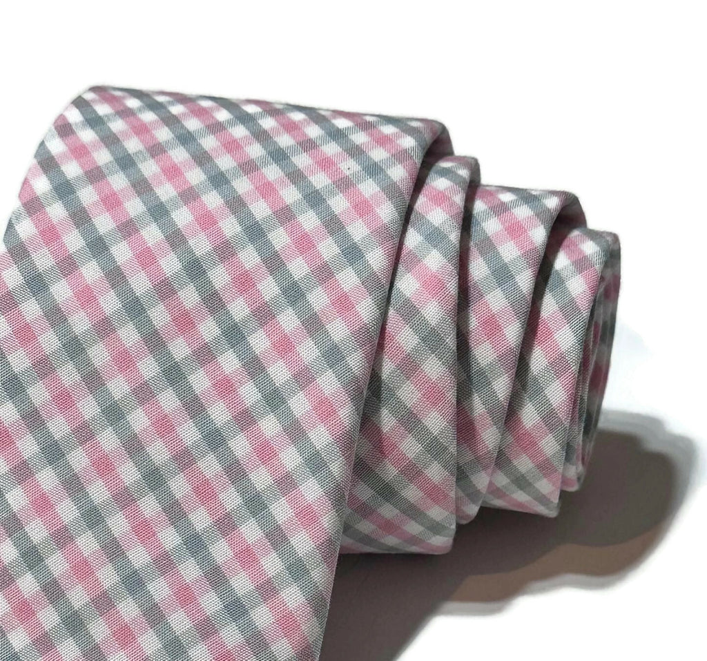 Pink & Gray Tattersall Necktie handcrafted neckties for men, perfect for formal wear accessories.