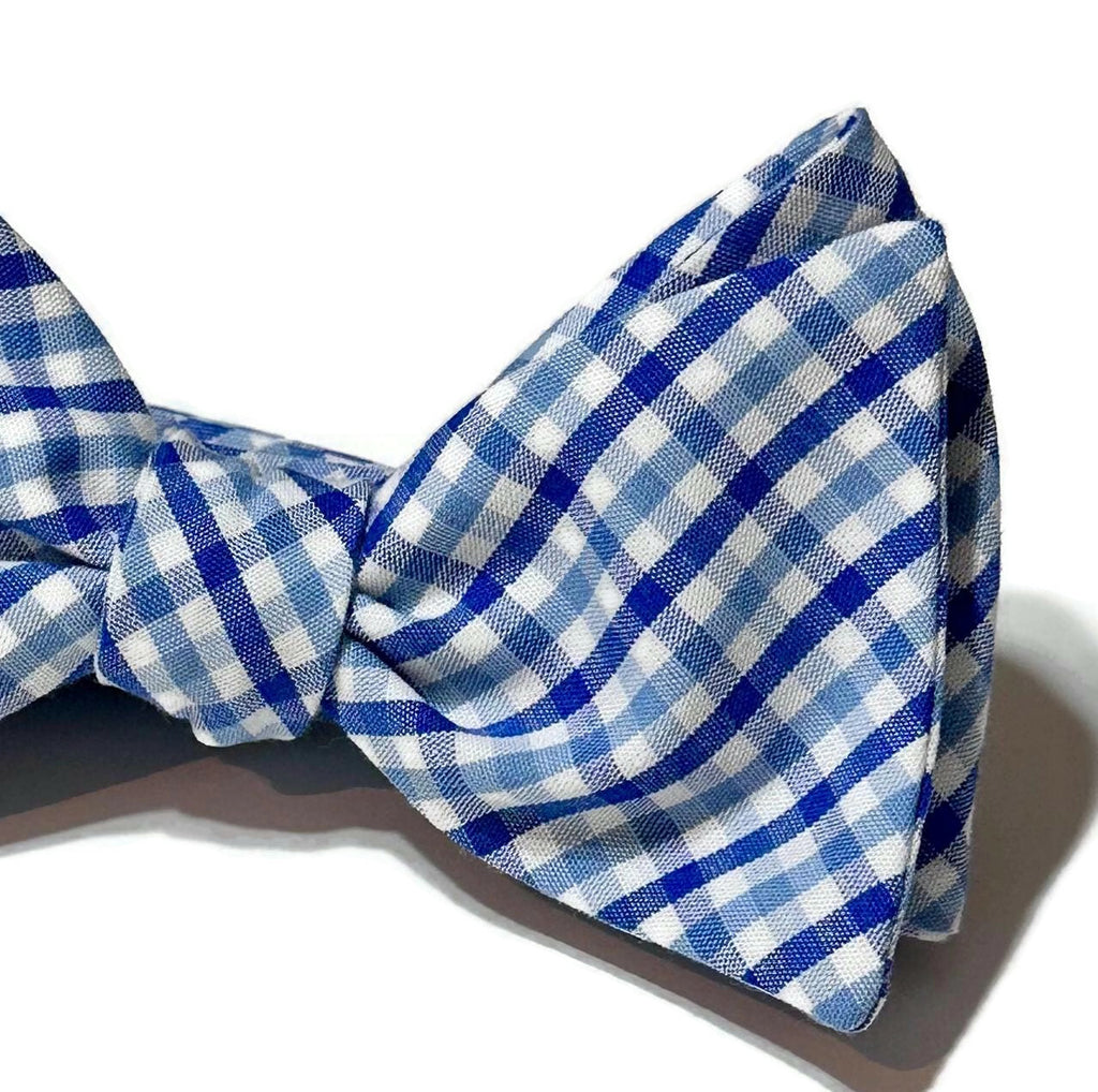 Blue & Light Blue Tattersall Check Bow Tie handmade with attention to detail for men and boys, perfect for formal occasions.