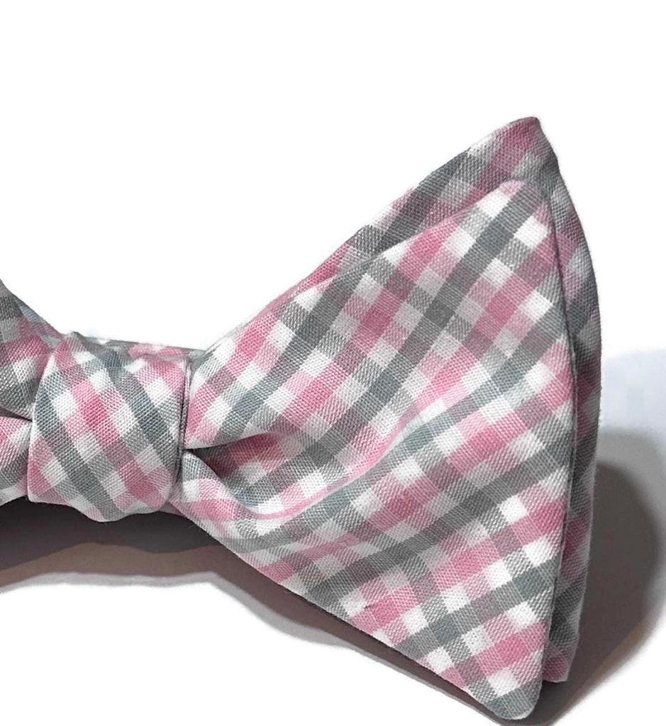 Pink & Gray Tattersall Check Bow Tie, handcrafted neckties perfect for weddings and formal wear, made in the USA.