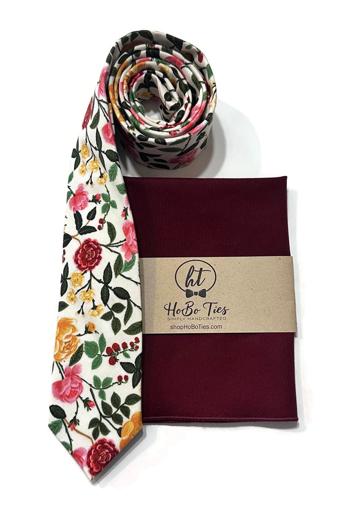 Cream Roses Floral Necktie with coordinating pocket square, perfect for men's wedding accessories and handmade neckties.