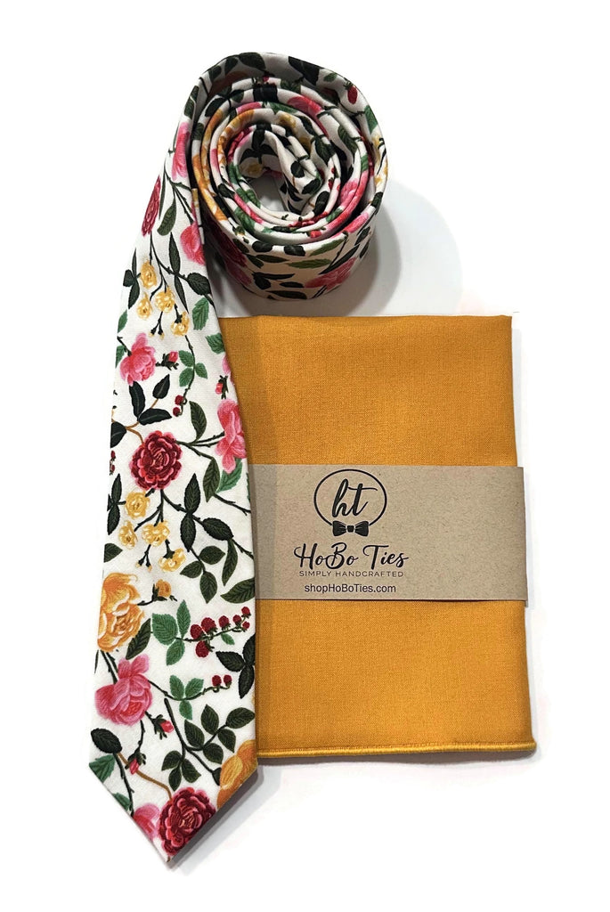Cream Roses Floral Necktie with matching pocket square and logo from HoBo Ties, perfect for men's formal wear accessories.