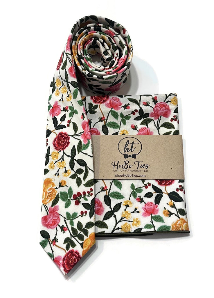 Cream Roses Floral Necktie displayed with matching pocket square, perfect for men's formal wear and wedding accessories.