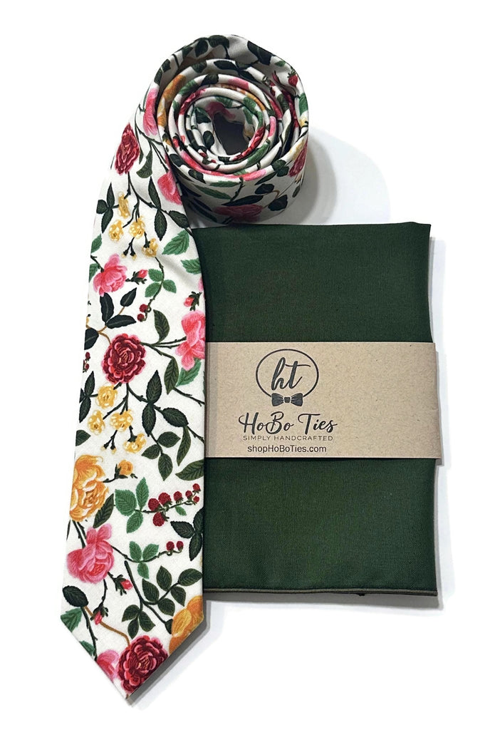 Cream Roses Floral Necktie with matching pocket square, handcrafted neckties for men, perfect wedding accessories.