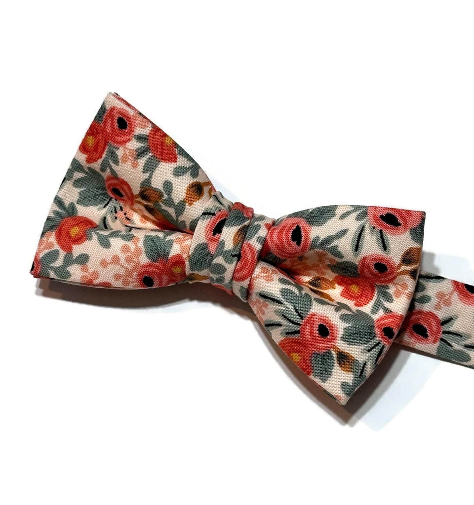 Rosa Floral Bow Tie - Boys with vibrant floral pattern, handcrafted necktie for boys aged newborn to 12 years, perfect for weddings.