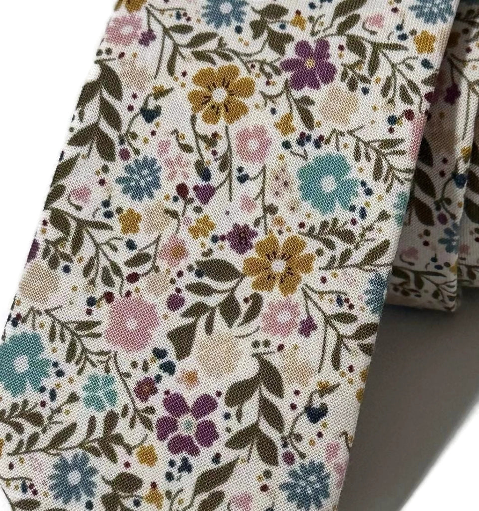 Tea Blend Happy Petals Floral Necktie with colorful floral pattern on cotton fabric for men’s formal wear accessories