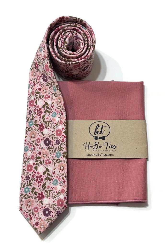 Rose Happy Petals Floral Necktie with matching pocket square, handcrafted neckties for men and boys wedding accessories.