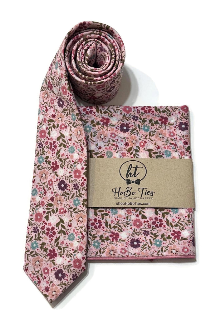 Rose Happy Petals Floral Necktie displayed with matching pocket square and label from HoBo Ties, perfect for wedding accessories for men.