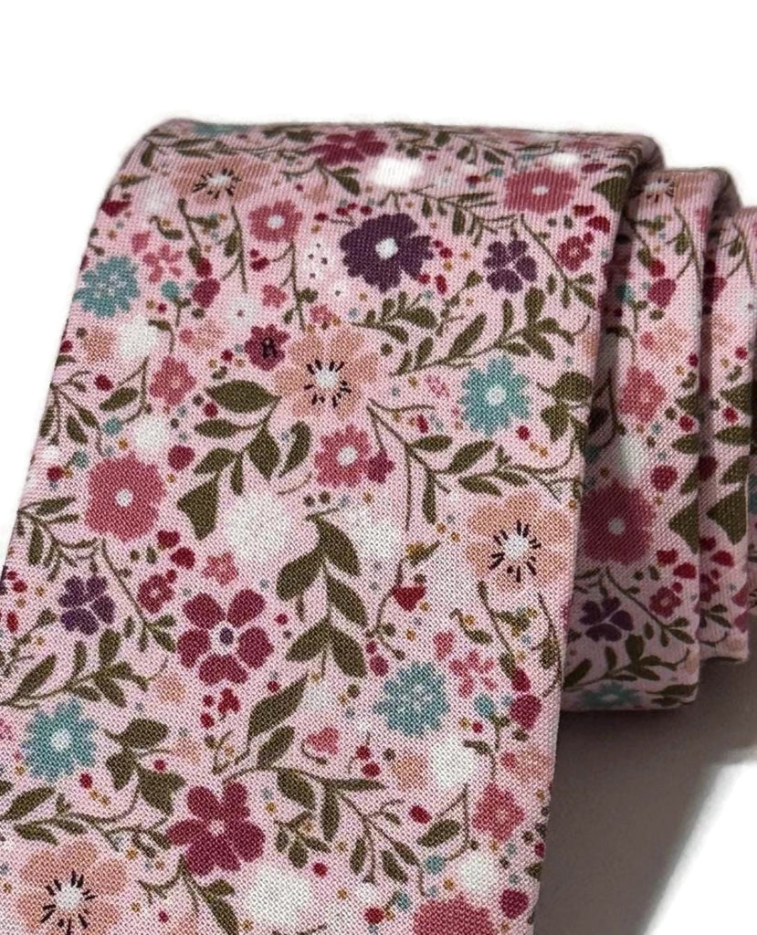 Rose Happy Petals Floral Necktie featuring vibrant floral patterns on a light pink background, perfect for formal wear.