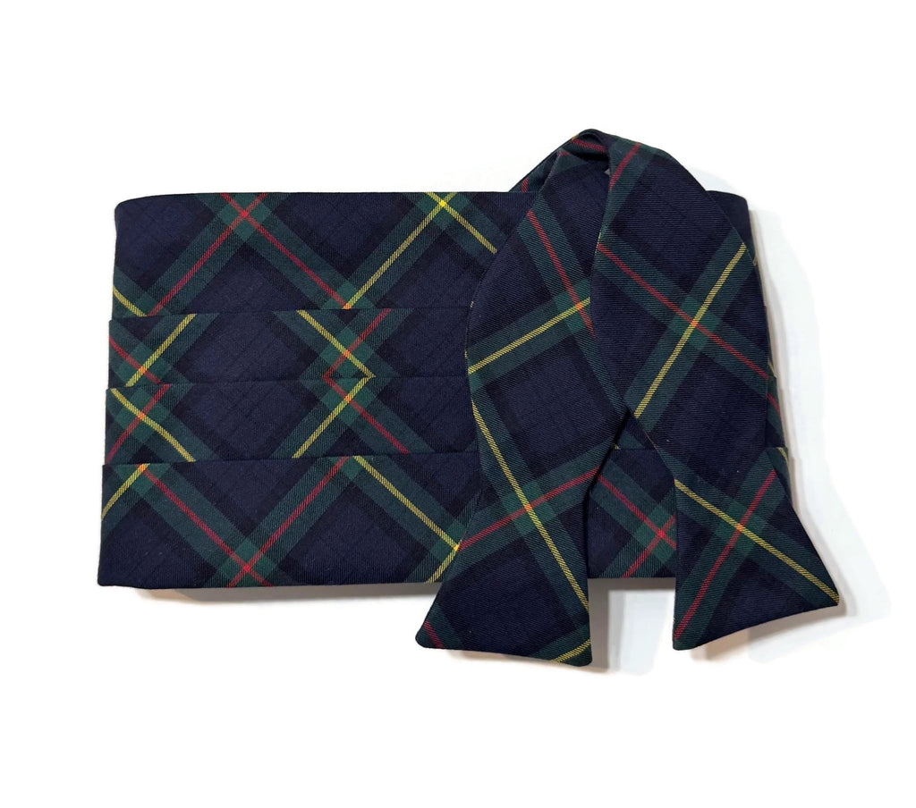 Men’s Navy & Green Plaid Cummerbund and Bow Tie Set | Classic Tartan Formalwear for Weddings, Proms & Black-Tie Events