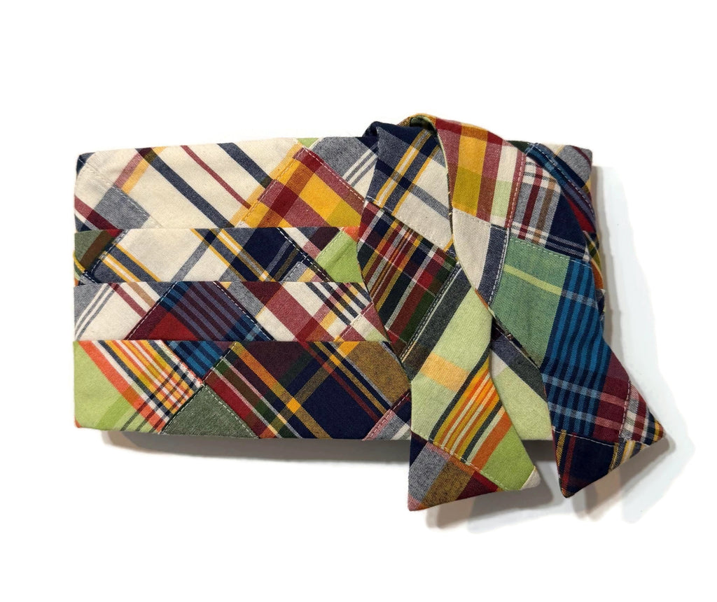 Men’s Patchwork Plaid Cummerbund and Bow Tie Set | Classic Madras Formalwear for Weddings, Proms & Black-Tie Events.