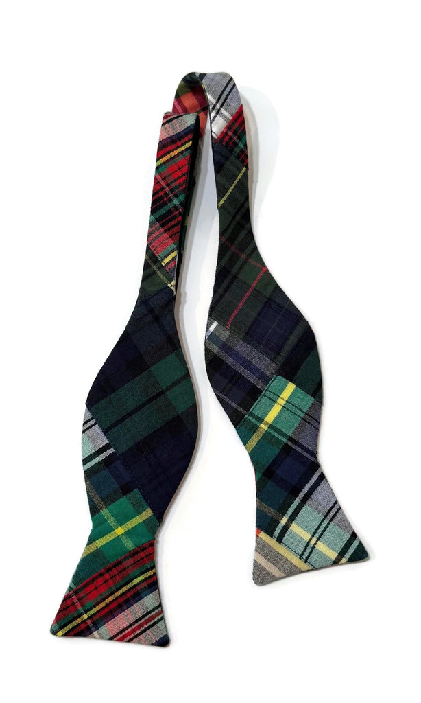 Patchwork Tartan Plaid Bow Tie featuring unique plaid patterns, handcrafted neckties for men’s formal wear and weddings.