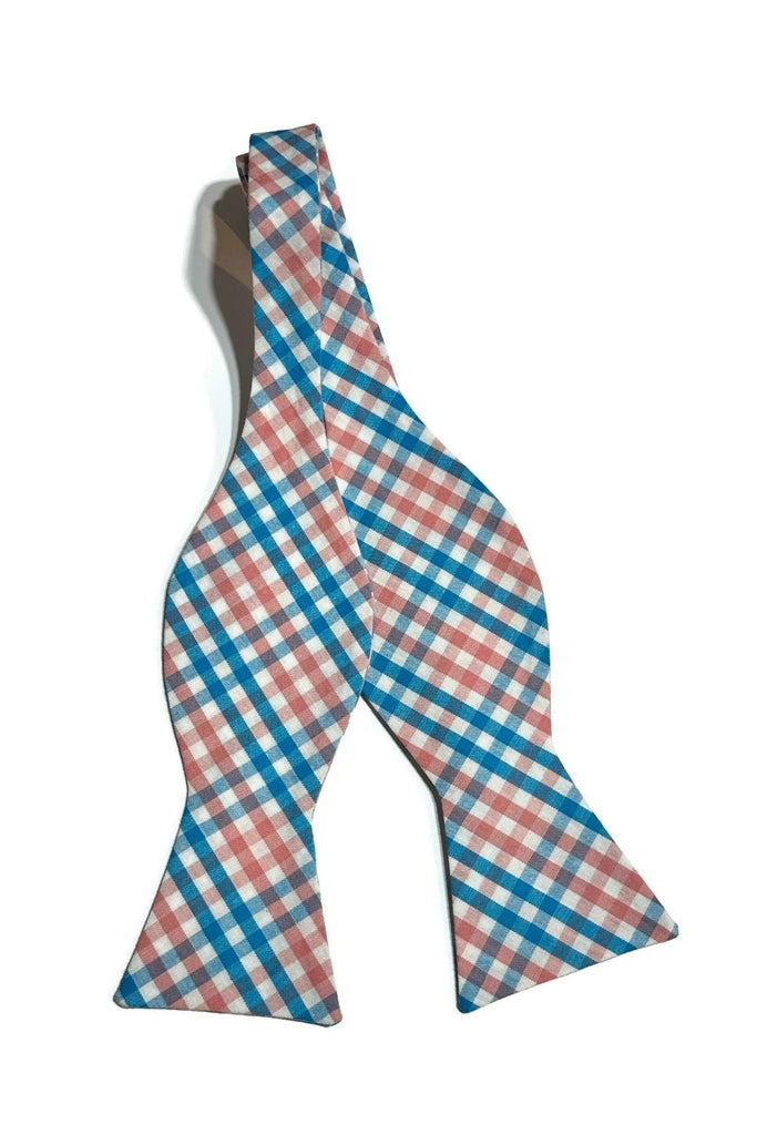 Coral & Turquoise Tattersall Bow Tie, handcrafted neckties, handmade bow ties, unique bow tie patterns.