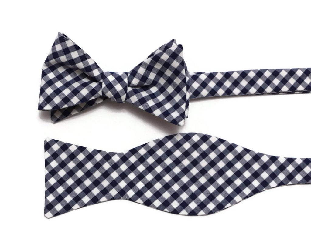 Navy Blue Gingham Check Bow Tie, handcrafted bow ties, unique patterns, men's accessories, wedding neckwear set men.