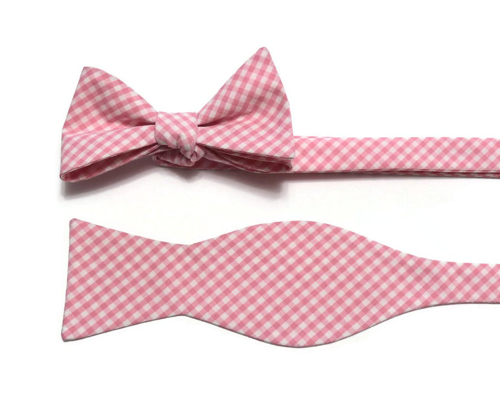 Pink Gingham Check Bow Tie for men, handcrafted neckties, handmade bow ties, unique bow tie patterns, wedding accessories for men.