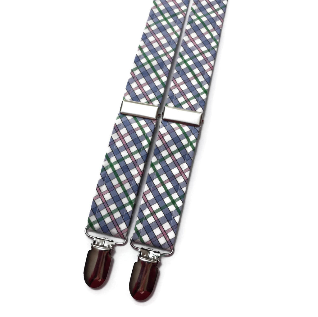 Easter Plaid Suspenders - Boys made with linen/cotton fabric, adjustable, featuring silver nickel hardware for kids.