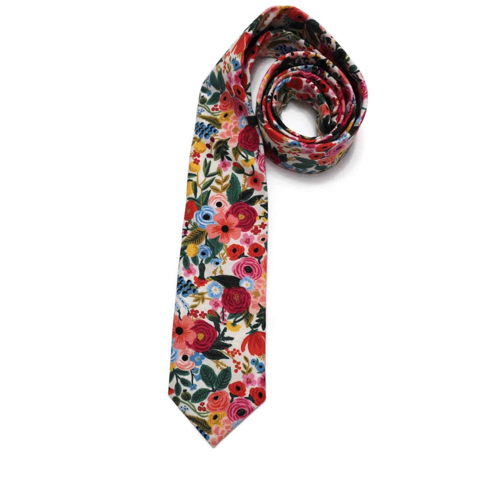 Cream Garden Party Petite Floral Necktie, handcrafted cotton necktie with vibrant floral pattern, great for men’s formal wear.