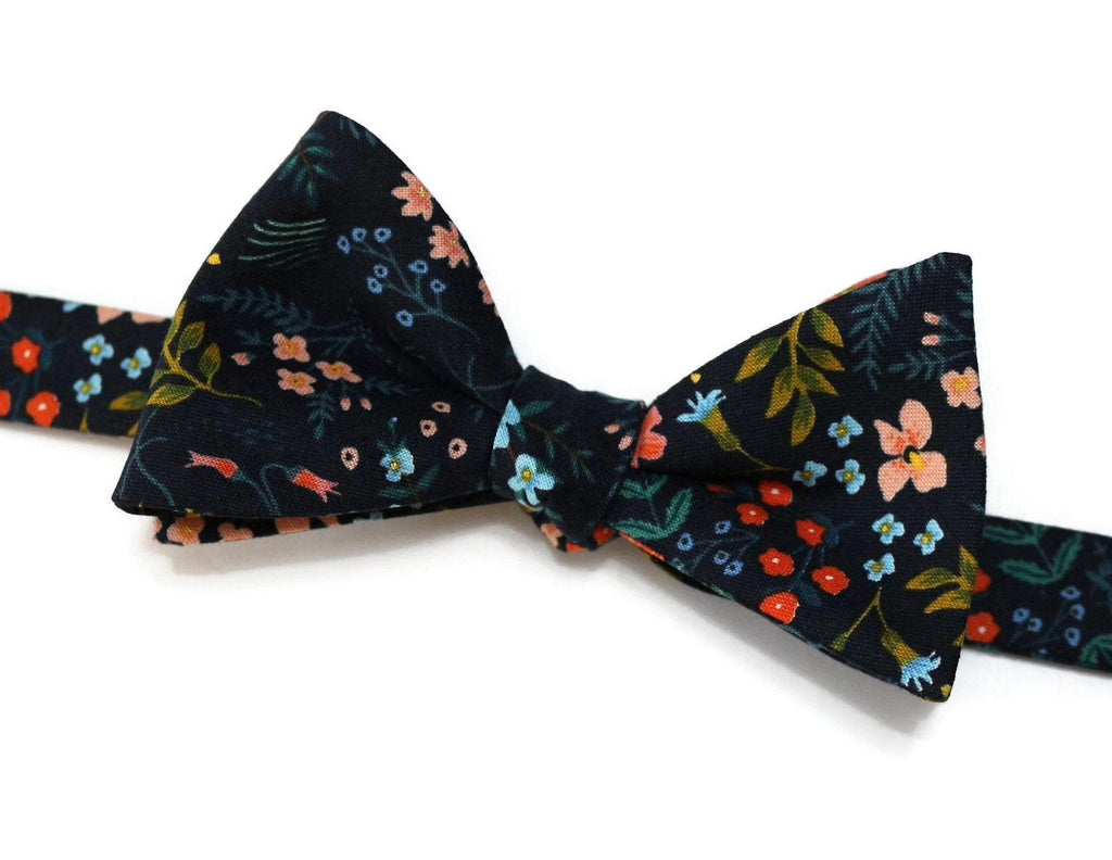 Navy Metallic Wildwood Floral Bow Tie, handcrafted neckties for men, unique floral patterns, perfect for weddings.