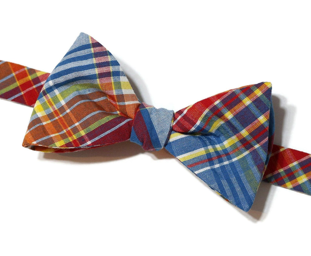 Blue Jay Plaid Seersucker Bow Tie, a handcrafted necktie perfect for men's formal wear accessories.