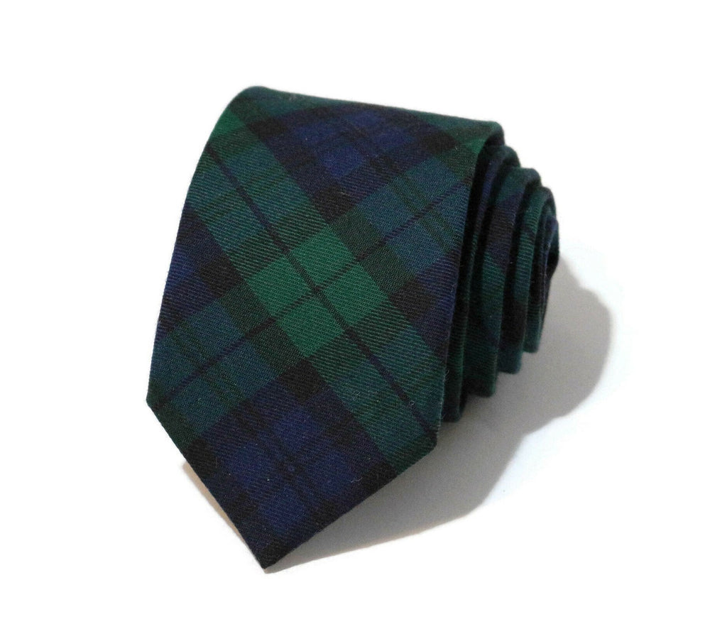 Black Watch Tartan Plaid Necktie - handcrafted neckties in green and blue plaid design for men, perfect for wedding accessories.