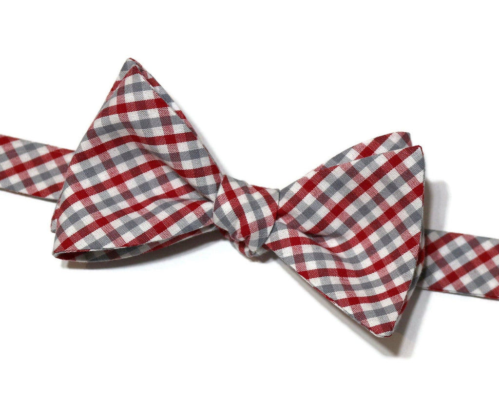 Red & Gray Tattersall Check Bow Tie, handmade bow ties, men’s bow ties, unique bow tie patterns.