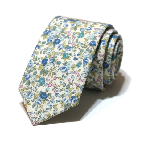 Blue & Sage Floral Necktie made from 100% cotton, perfect for wedding accessories for men and handcrafted neckties.